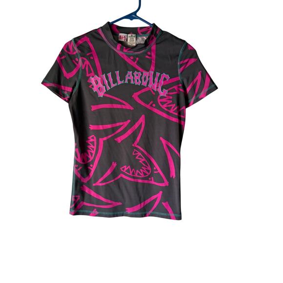 Billabong Shark Rash Guard Tee‎ Youth L Pink Gray Surf Swim Shirt - Picture 1 of 7